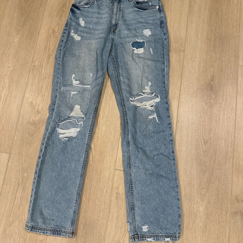 Free People CRVY Blue Distressed Straight Leg Jeans